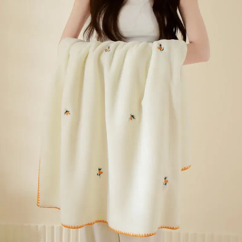 Cream cherry velvet embroidered blanket bedroom pom pom throw