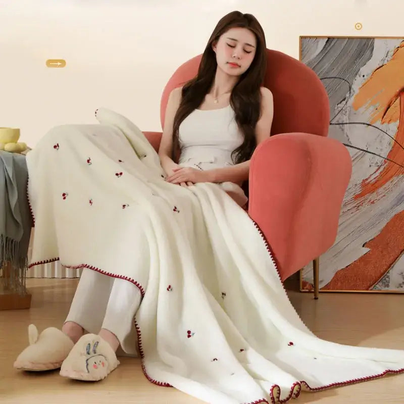 Cream cherry velvet embroidered blanket bedroom pom pom throw