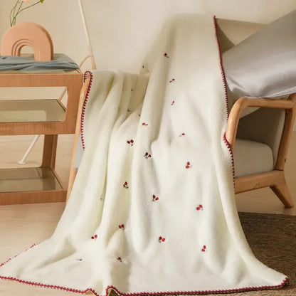 Cream cherry velvet embroidered blanket bedroom pom pom throw