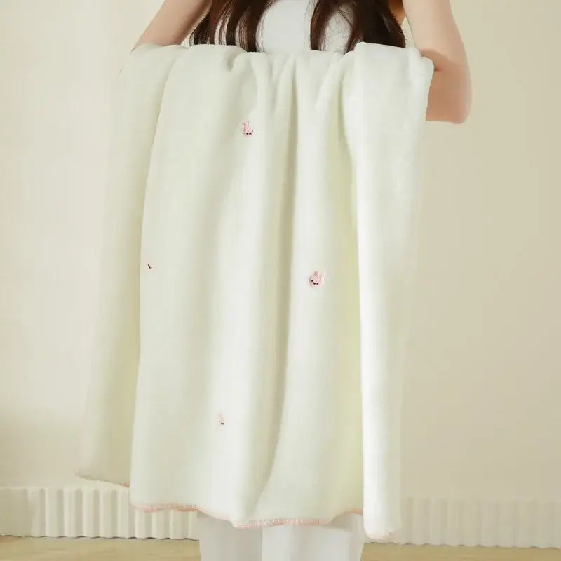 Cream cherry velvet embroidered blanket bedroom pom pom throw