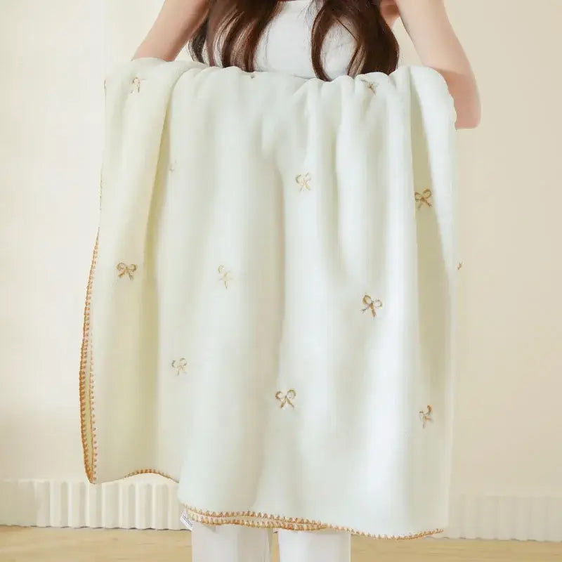 Cream cherry velvet embroidered blanket bedroom pom pom throw