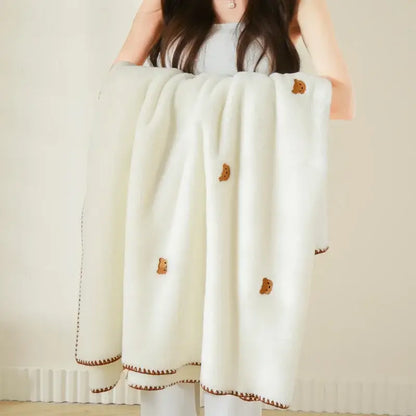 Cream cherry velvet embroidered blanket bedroom pom pom throw