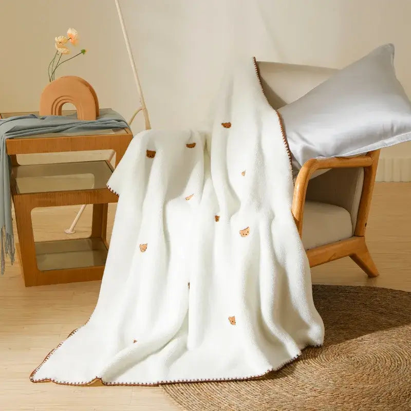 Cream cherry velvet embroidered blanket bedroom pom pom throw