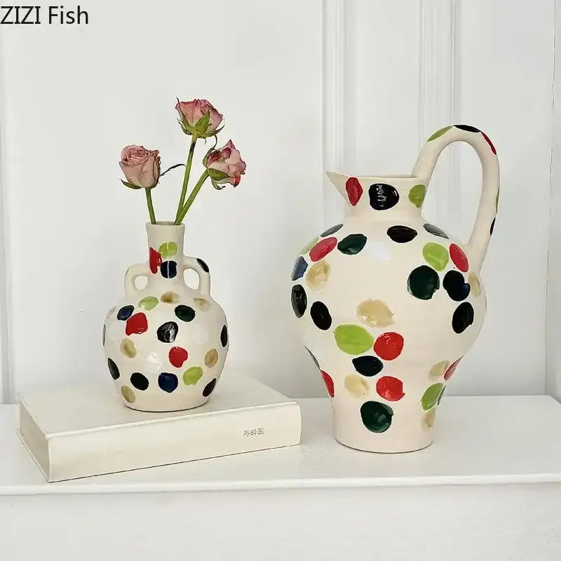 Cream colorful dot ceramic pitcher vase for kitchen floral decor