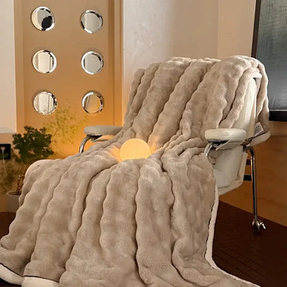 Cream cozy bubble faux rabbit fur blanket bedroom throw
