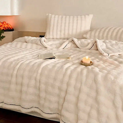 Cream cozy bubble faux rabbit fur blanket bedroom throw