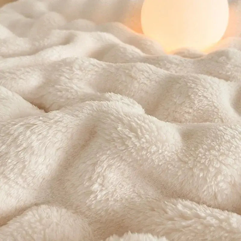 Cream cozy bubble faux rabbit fur blanket bedroom throw