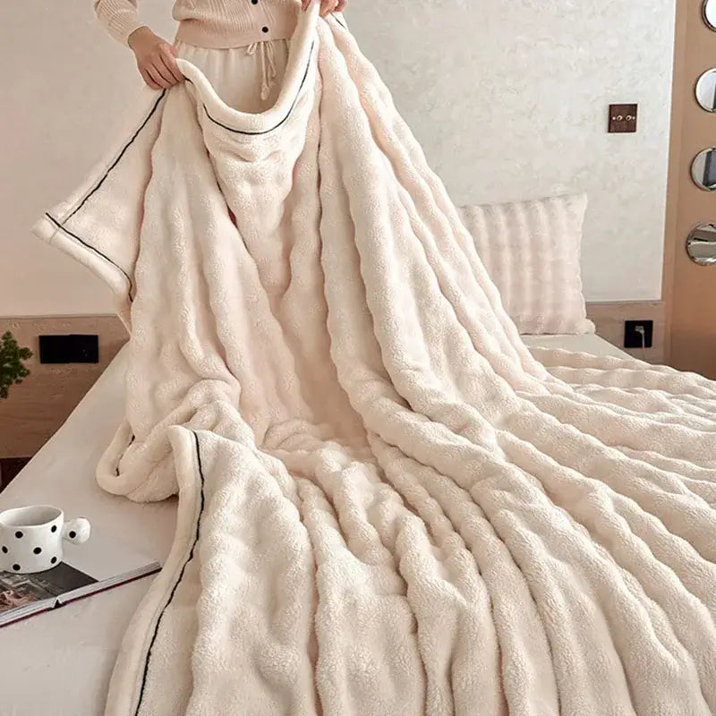 Cream cozy bubble faux rabbit fur blanket bedroom throw
