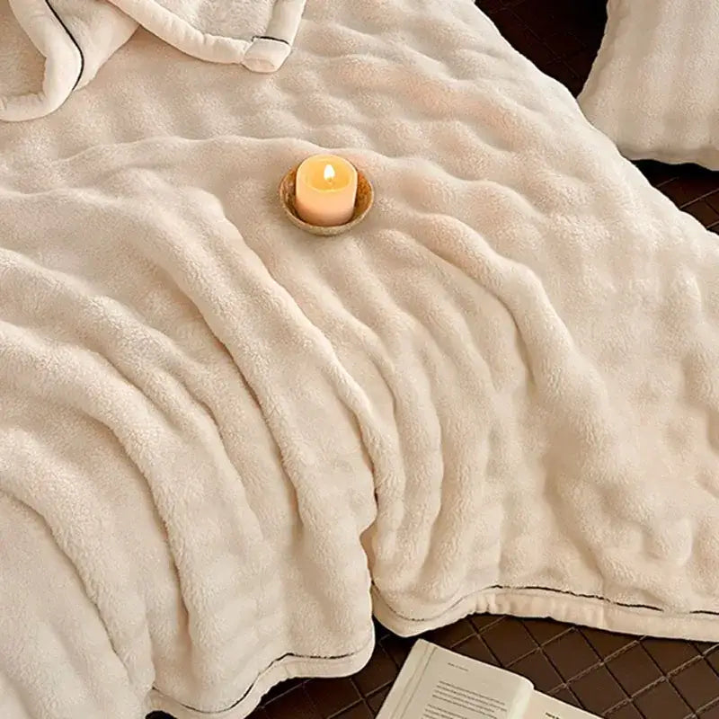 Cream cozy bubble faux rabbit fur blanket bedroom throw