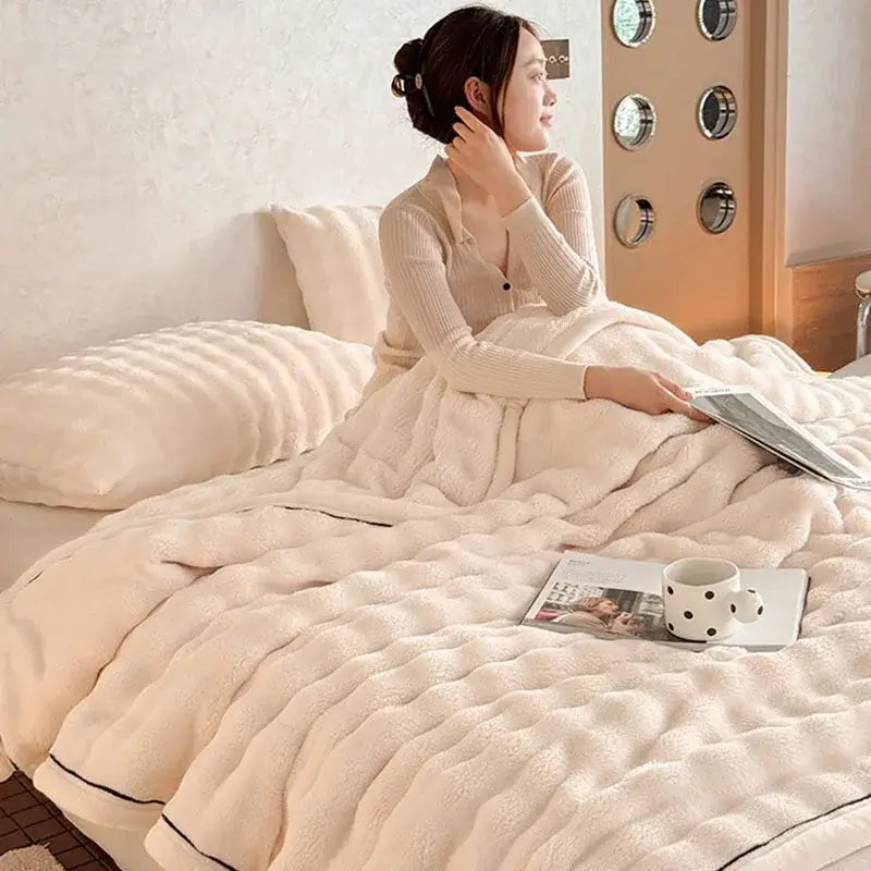 Cream cozy bubble faux rabbit fur blanket bedroom throw