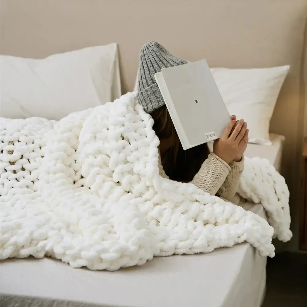 Cream cozy chenille chunky knit blanket bedroom throw