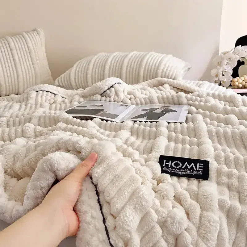 Cream cozy faux rabbit plush blanket bedroom black piping edge