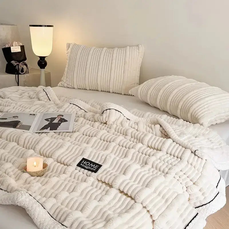 Cream cozy faux rabbit plush blanket bedroom black piping edge