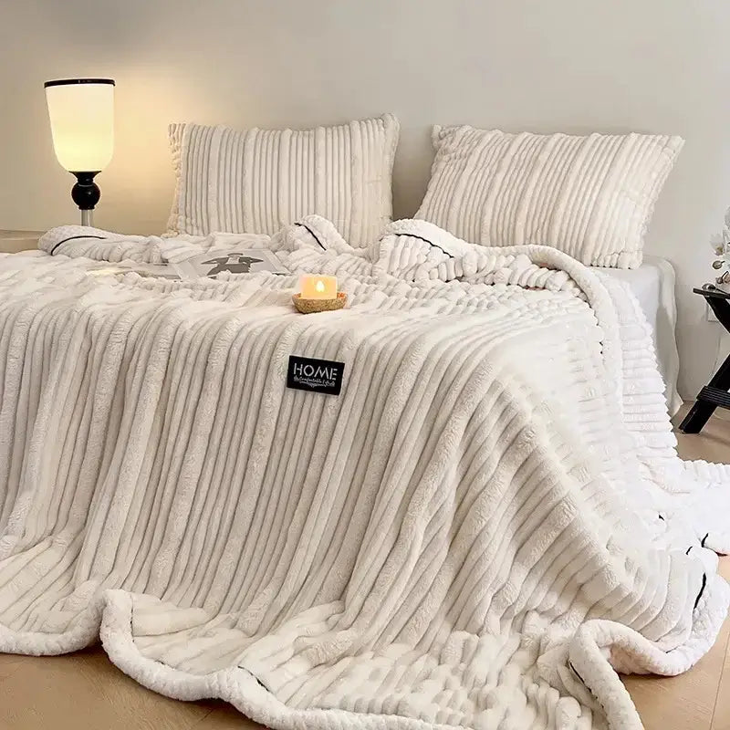 Cream cozy faux rabbit plush blanket bedroom black piping edge