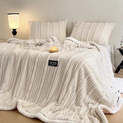 Cream cozy faux rabbit plush blanket bedroom black piping edge