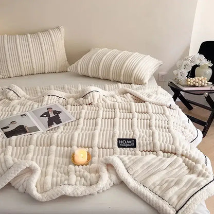 Cream cozy faux rabbit plush blanket bedroom black piping edge