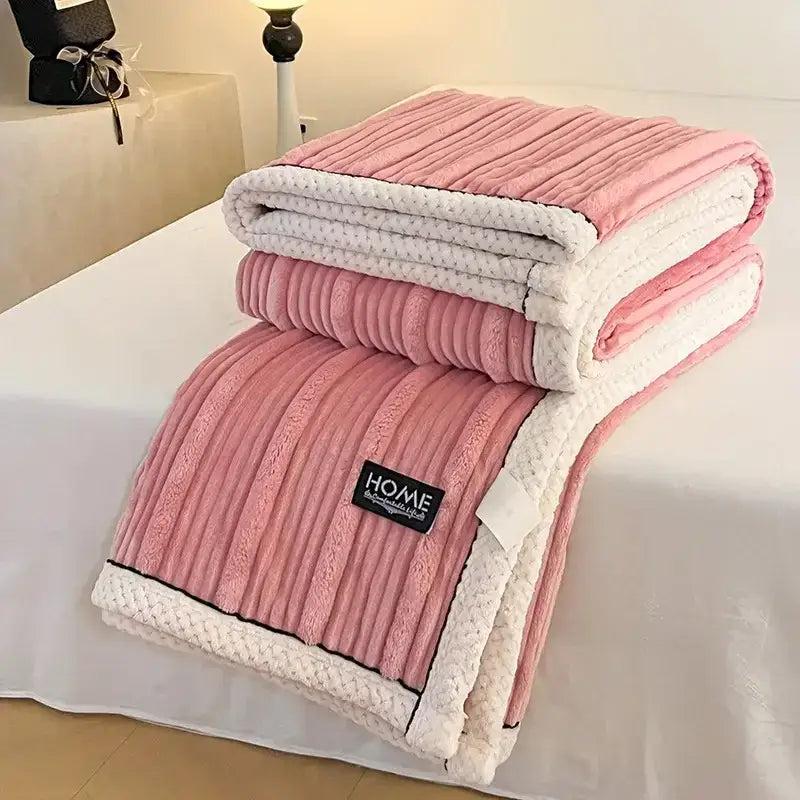 Cream cozy faux rabbit plush blanket bedroom black piping edge