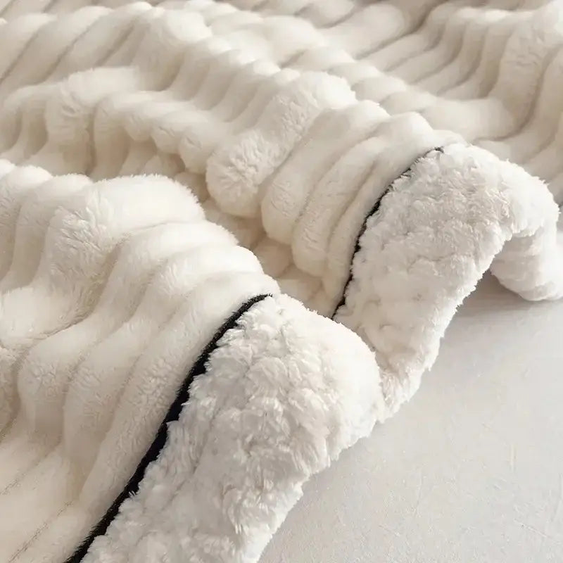 Cream cozy faux rabbit plush blanket bedroom black piping edge