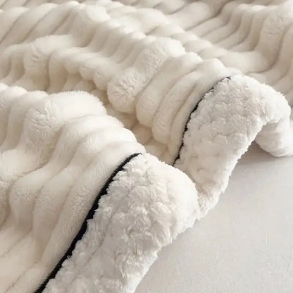 Cream cozy faux rabbit plush blanket bedroom black piping edge