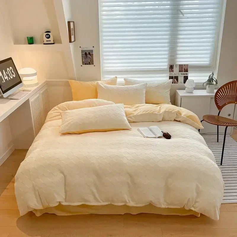 Cream cozy milk fleece bedding set bedroom quilted duvet cover