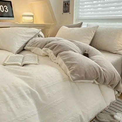 Cream cozy milk fleece bedding set bedroom quilted duvet cover