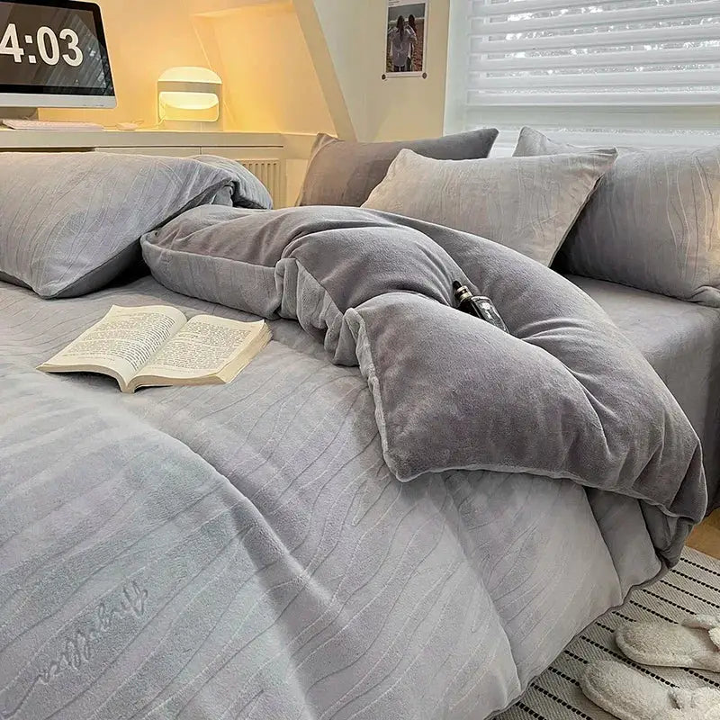 Cream cozy milk fleece bedding set bedroom quilted duvet cover