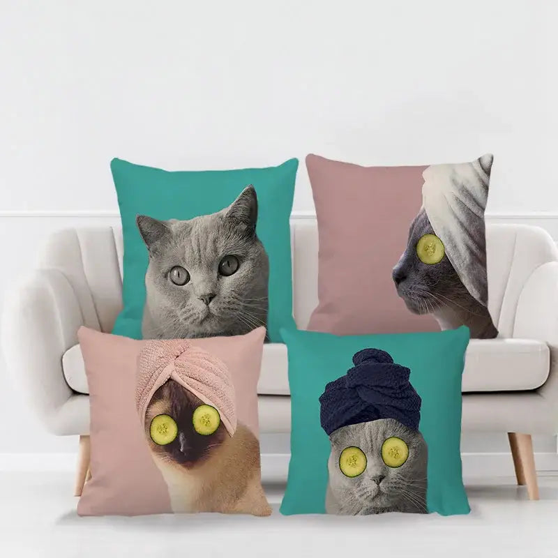 Cream cute cat face decorative cushion cover living room pillow