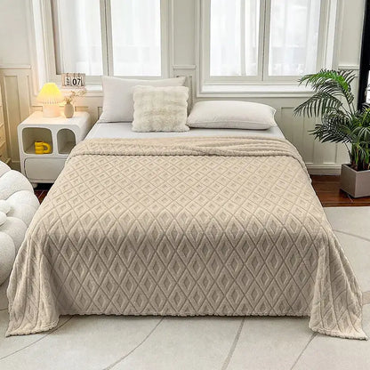 Cream diamond jacquard coral fleece blanket bedroom throw bedding