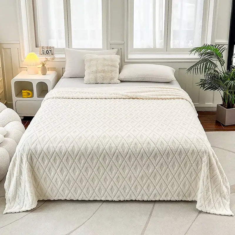 Cream diamond jacquard coral fleece blanket bedroom throw bedding