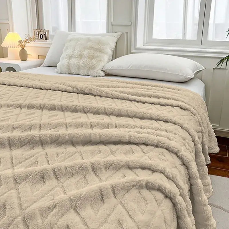 Cream diamond jacquard coral fleece blanket bedroom throw bedding