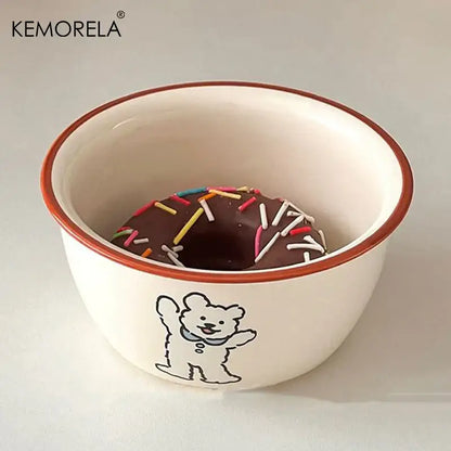Cream dog illustration carton ceramic soup bowls dining room kitchen