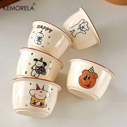 Cream dog illustration carton ceramic soup bowls dining room kitchen