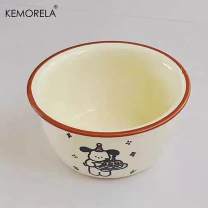 Cream dog illustration carton ceramic soup bowls dining room kitchen