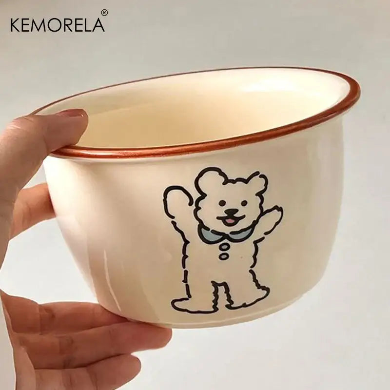 Cream dog illustration carton ceramic soup bowls dining room kitchen