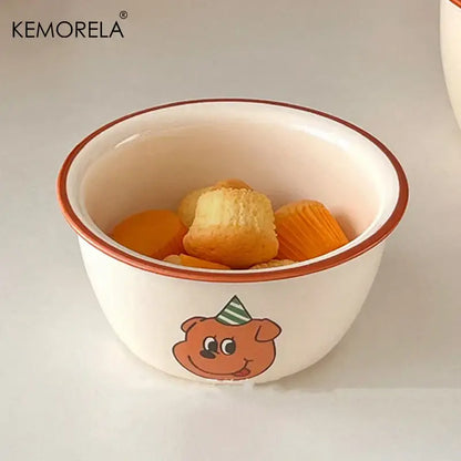 Cream dog illustration carton ceramic soup bowls dining room kitchen