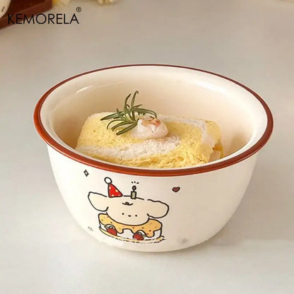 Cream dog illustration carton ceramic soup bowls dining room kitchen