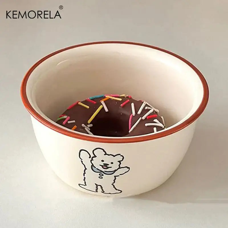 Cream dog illustration carton ceramic soup bowls dining room kitchen