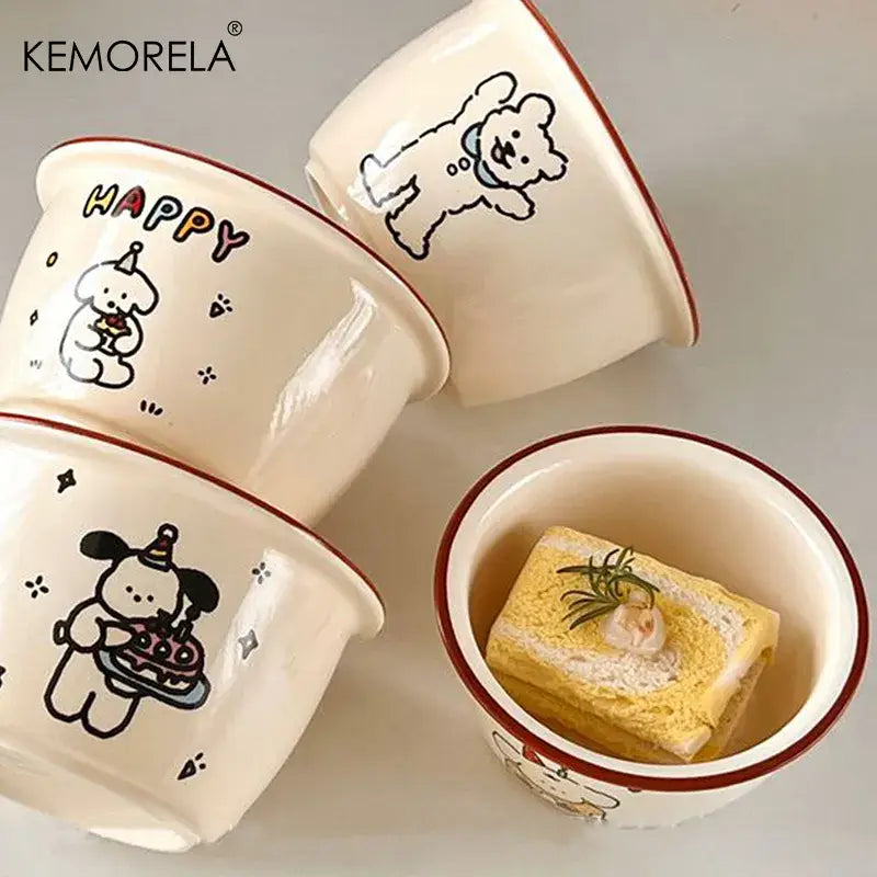 Cream dog illustration carton ceramic soup bowls dining room kitchen
