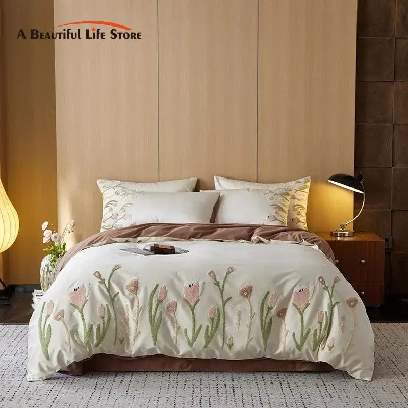 Cream egyptian cotton tulip embroidery bedding set bedroom
