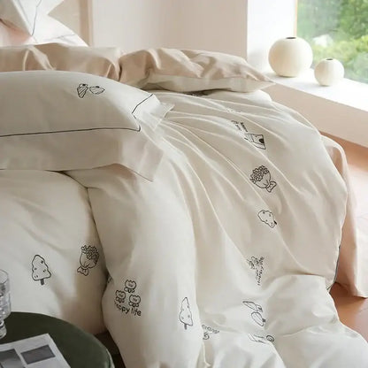 Cream embroidered brushed volcanic fleece bedding set bedroom