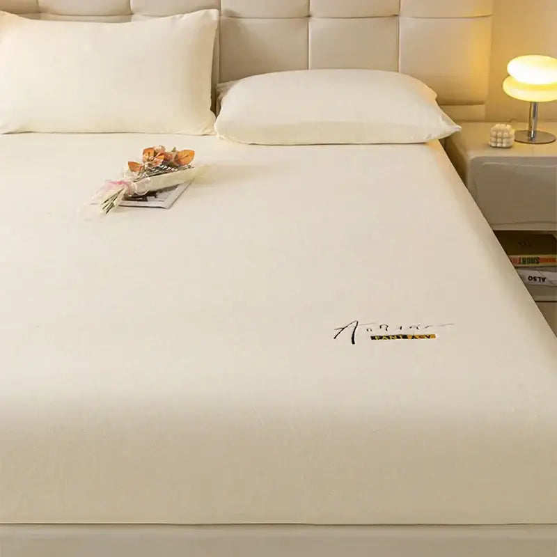 Cream embroidered cozy velvet fitted sheet bedroom bed cover