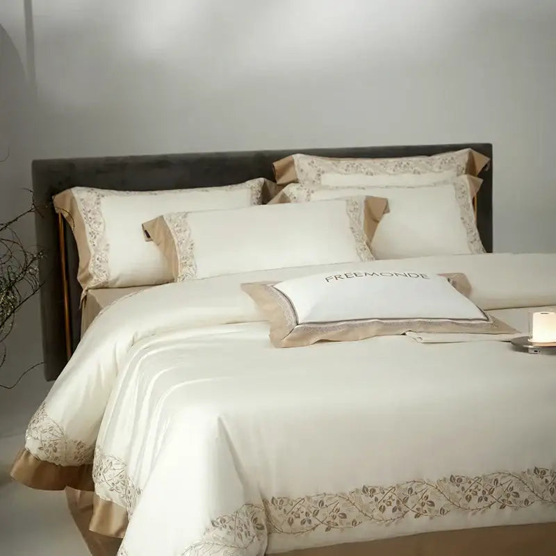 Cream embroidered egyptian cotton bedding set bedroom satin duvet cover