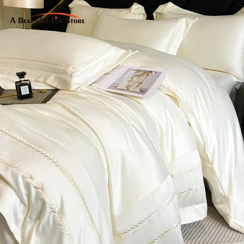 Cream embroidered ice silk bedding set for bedroom