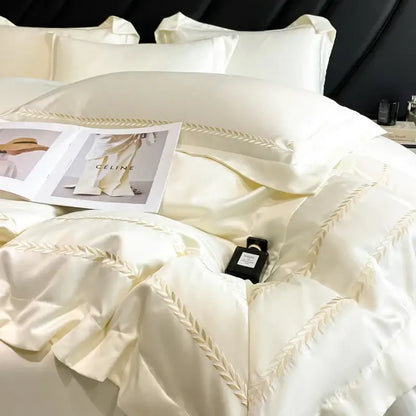 Cream embroidered ice silk bedding set for bedroom