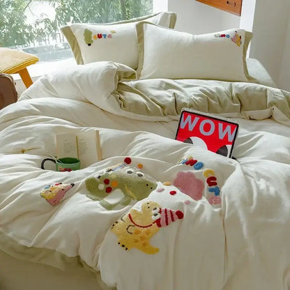 Cream embroidered milk fleece dinosaur bedding set bedroom plush duvet