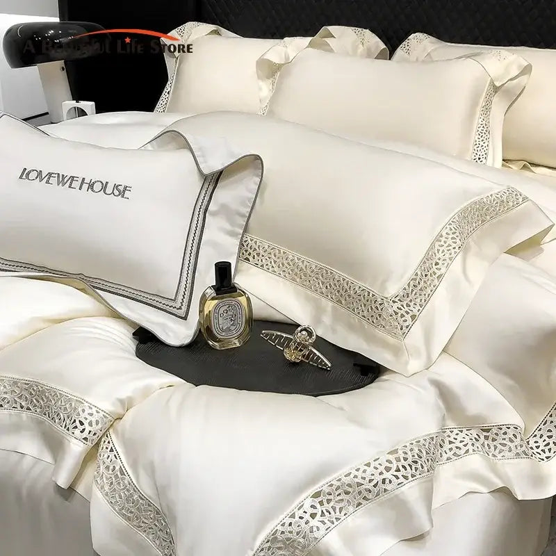 Cream eucalyptus lyocell 1000tc bedding set with lace bedroom decor
