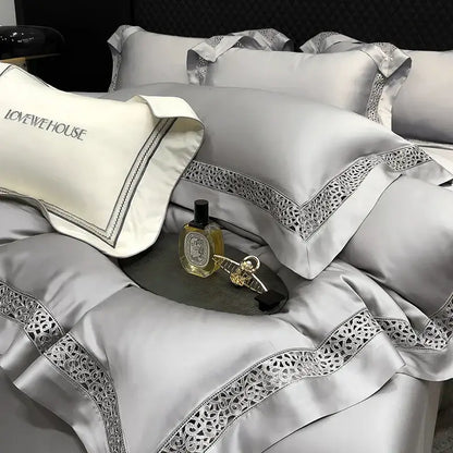 Cream eucalyptus lyocell 1000tc bedding set with lace bedroom decor