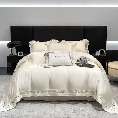 Cream eucalyptus lyocell 1000tc bedding set with lace bedroom decor