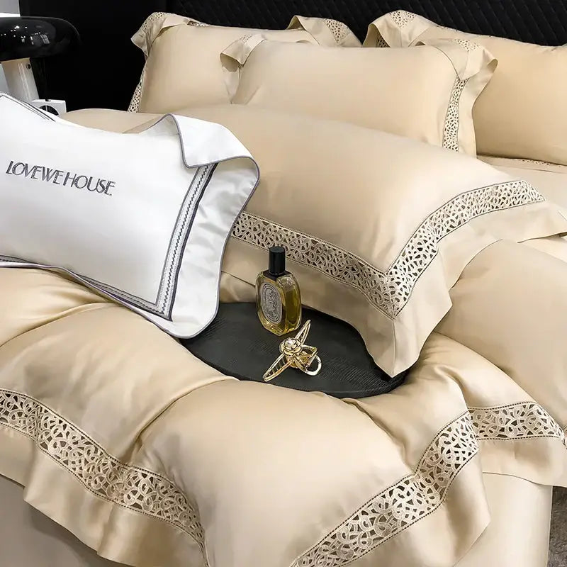 Cream eucalyptus lyocell 1000tc bedding set with lace bedroom decor