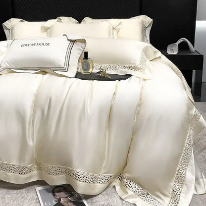 Cream eucalyptus lyocell 1000tc bedding set with lace bedroom decor
